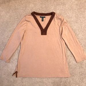 Lauren Ralph Lauren Womens Long Sleeve Tee Womens XL Tan Brown V Neck Cotton